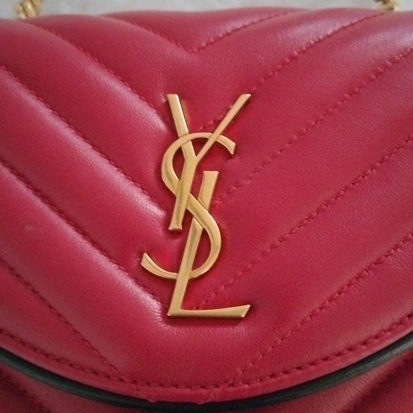 Yves Saint Laurent Calfskin Matelasse Monogram Small Bubble Chain Crossbody Red - Picture 3 of 16